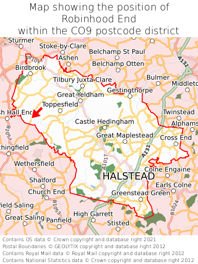 Map showing location of Robinhood End within CO9