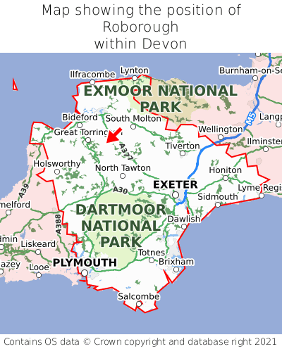 Map showing location of Roborough within Devon