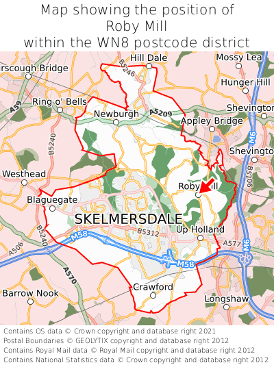 Map showing location of Roby Mill within WN8