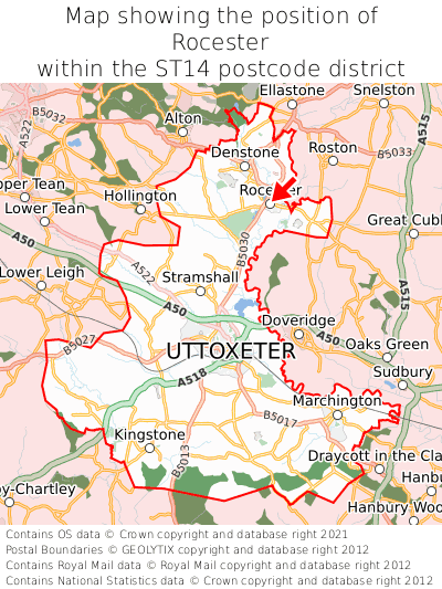 Map showing location of Rocester within ST14