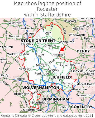 Map showing location of Rocester within Staffordshire