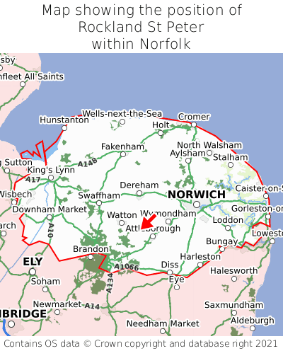 Map showing location of Rockland St Peter within Norfolk
