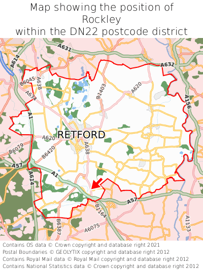 Map showing location of Rockley within DN22