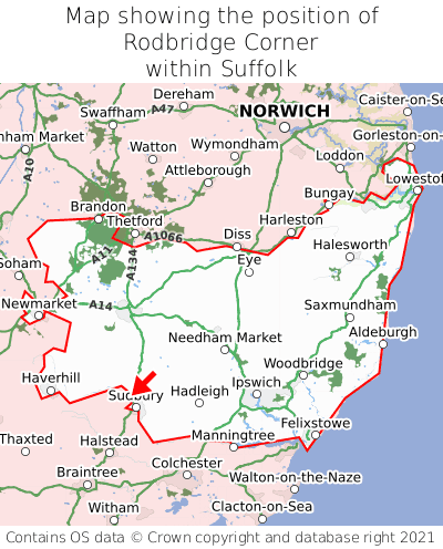 Map showing location of Rodbridge Corner within Suffolk