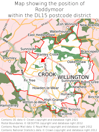 Map showing location of Roddymoor within DL15