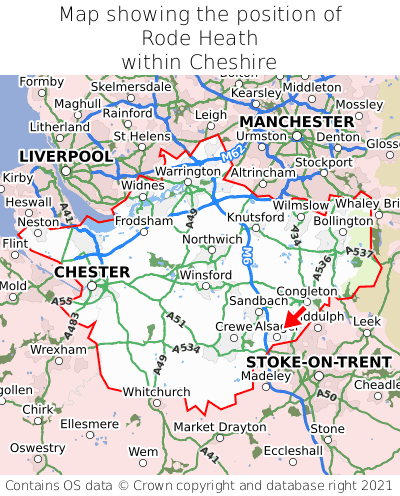 Map showing location of Rode Heath within Cheshire