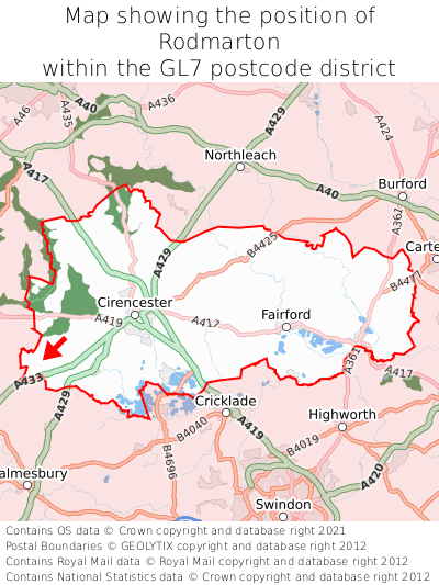 Map showing location of Rodmarton within GL7