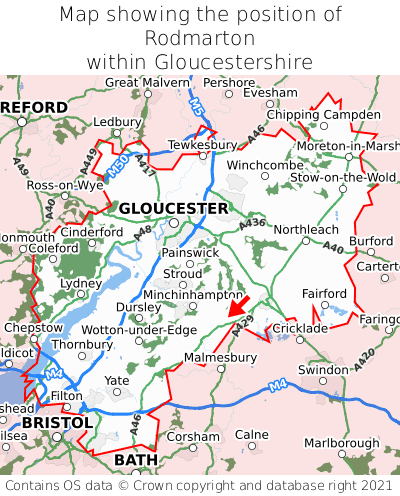Map showing location of Rodmarton within Gloucestershire