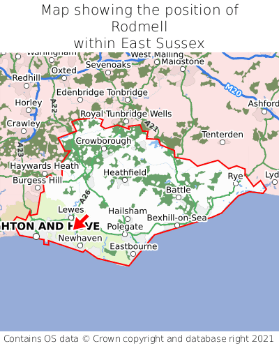 Map showing location of Rodmell within East Sussex