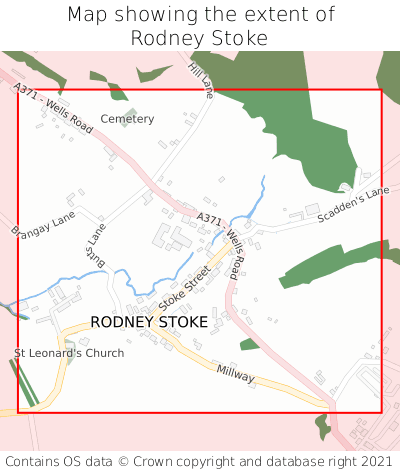 Map showing extent of Rodney Stoke as bounding box