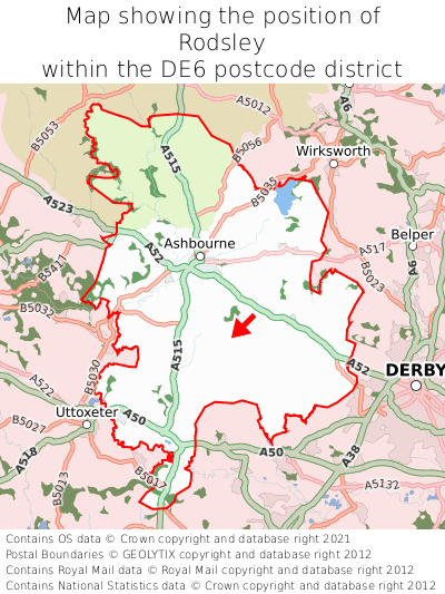 Map showing location of Rodsley within DE6
