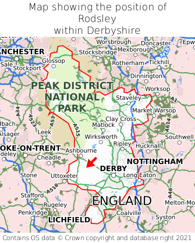 Map showing location of Rodsley within Derbyshire