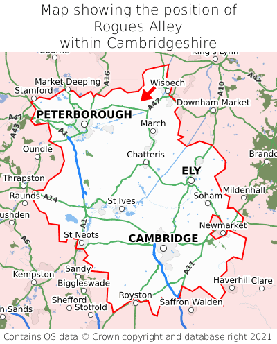 Map showing location of Rogues Alley within Cambridgeshire