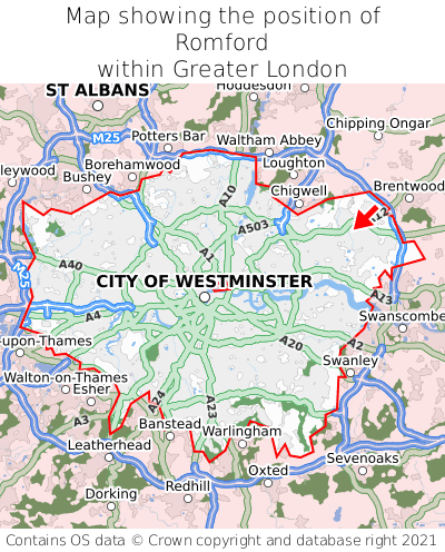Map showing location of Romford within Greater London