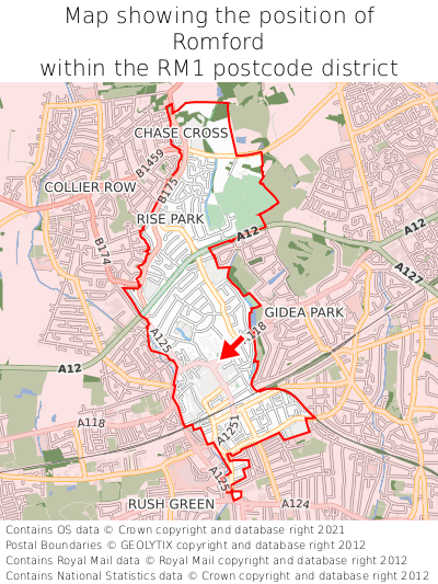 Map showing location of Romford within RM1