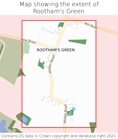 Map showing extent of Rootham's Green as bounding box