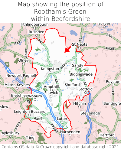 Map showing location of Rootham's Green within Bedfordshire