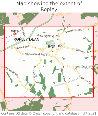 Map showing extent of Ropley as bounding box