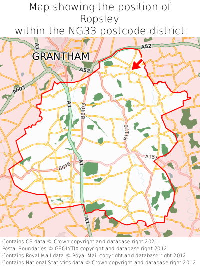 Map showing location of Ropsley within NG33