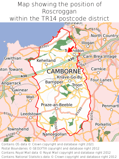 Map showing location of Roscroggan within TR14