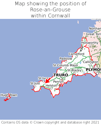 Map showing location of Rose-an-Grouse within Cornwall