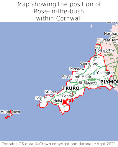 Map showing location of Rose-in-the-bush within Cornwall