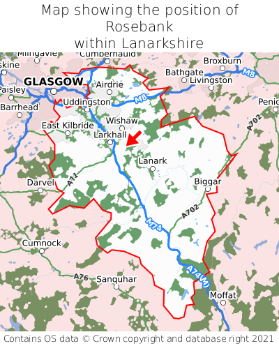 Map showing location of Rosebank within Lanarkshire