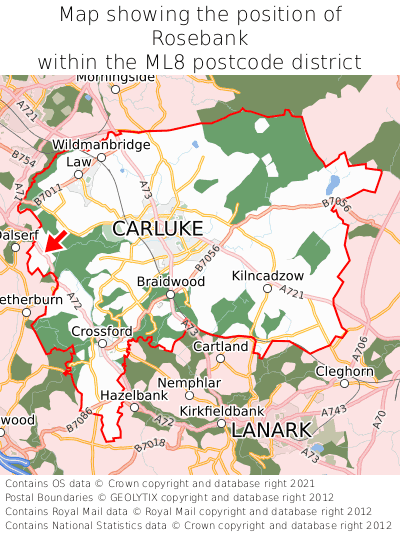 Map showing location of Rosebank within ML8