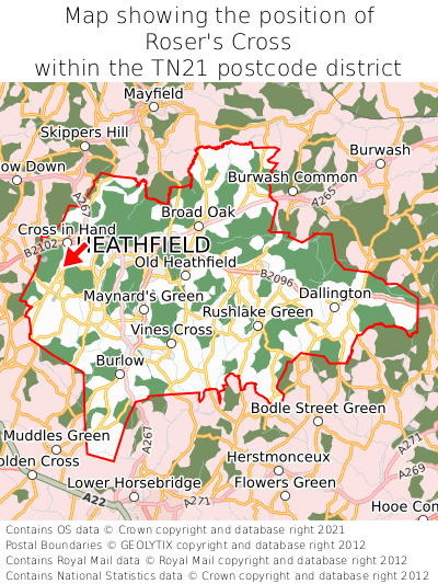 Map showing location of Roser's Cross within TN21