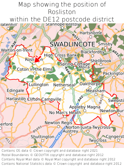 Map showing location of Rosliston within DE12