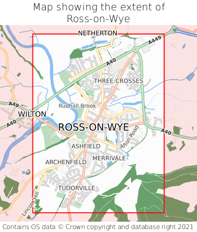 Map showing extent of Ross-on-Wye as bounding box