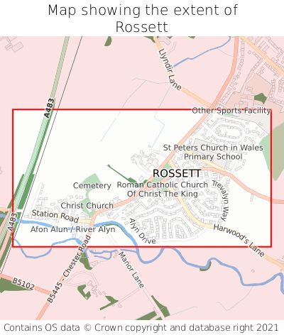 Map showing extent of Rossett as bounding box