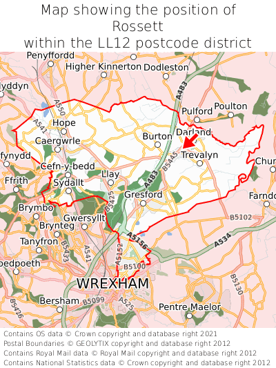 Map showing location of Rossett within LL12