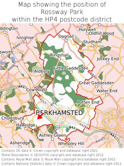 Map showing location of Rossway Park within HP4