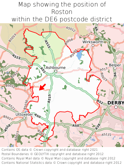 Map showing location of Roston within DE6