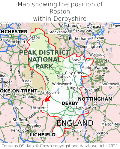 Map showing location of Roston within Derbyshire