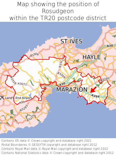 Map showing location of Rosudgeon within TR20
