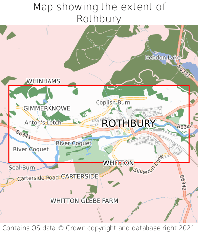 Map showing extent of Rothbury as bounding box