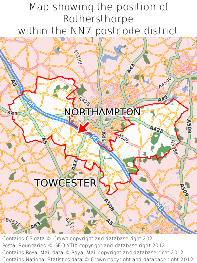 Map showing location of Rothersthorpe within NN7