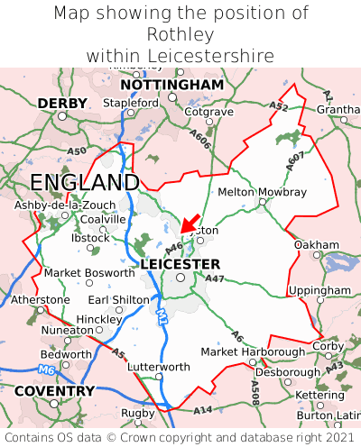 Map showing location of Rothley within Leicestershire
