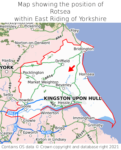 Map showing location of Rotsea within East Riding of Yorkshire