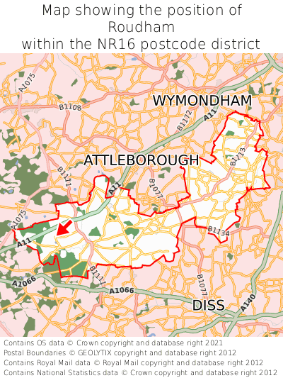Map showing location of Roudham within NR16