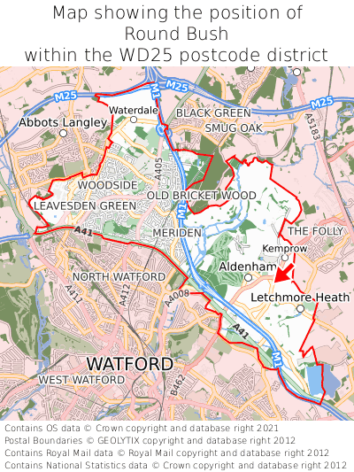 Map showing location of Round Bush within WD25