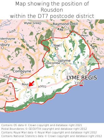 Map showing location of Rousdon within DT7