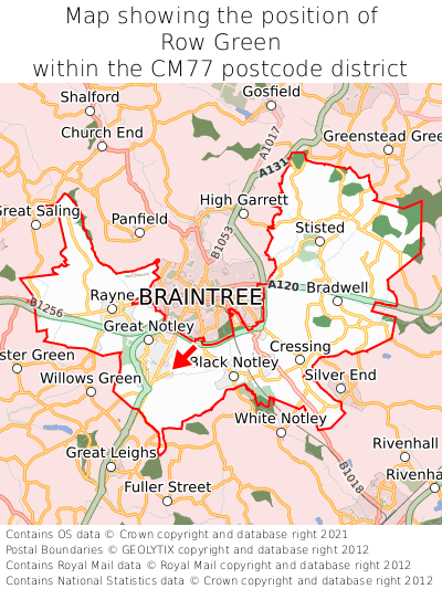 Map showing location of Row Green within CM77