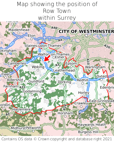 Map showing location of Row Town within Surrey