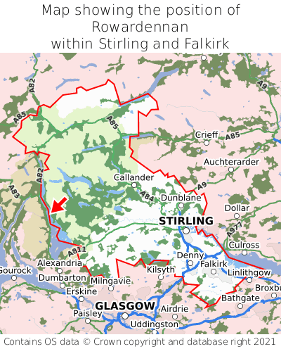 Map showing location of Rowardennan within Stirling and Falkirk