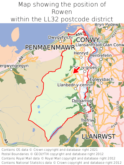 Map showing location of Rowen within LL32
