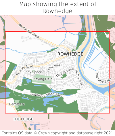 Map showing extent of Rowhedge as bounding box