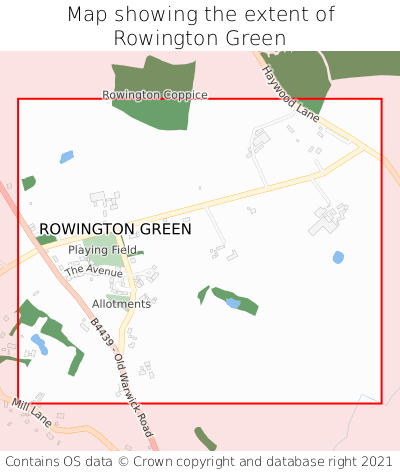 Map showing extent of Rowington Green as bounding box